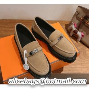 Luxury Discount Hermes Icone Platform Loafers in Suede with Kelly Buckle Brown 1023001