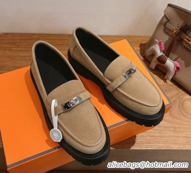 Luxury Discount Hermes Icone Platform Loafers in Suede with Kelly Buckle Brown 1023001