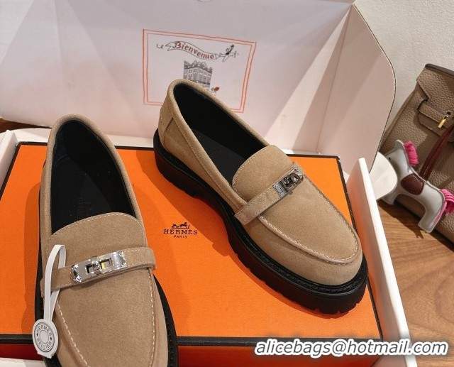 Luxury Discount Hermes Icone Platform Loafers in Suede with Kelly Buckle Brown 1023001
