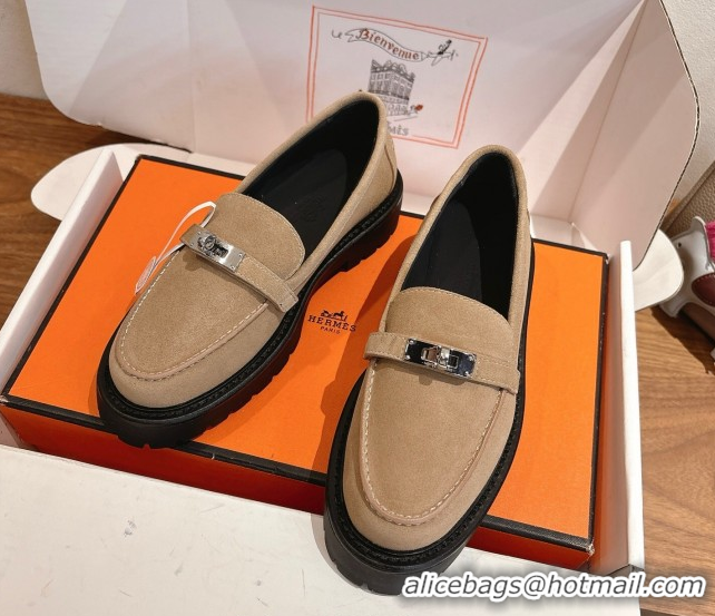 Luxury Discount Hermes Icone Platform Loafers in Suede with Kelly Buckle Brown 1023001