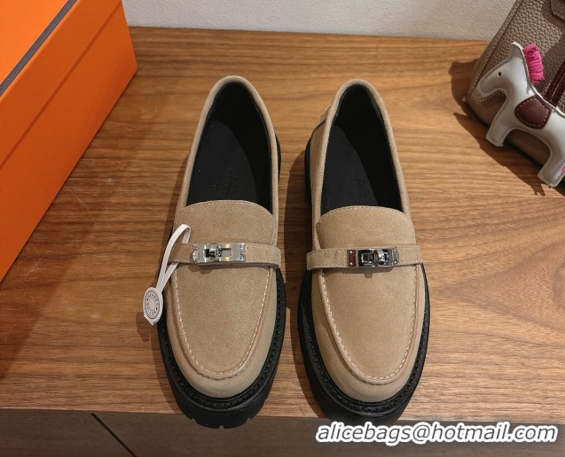 Luxury Discount Hermes Icone Platform Loafers in Suede with Kelly Buckle Brown 1023001