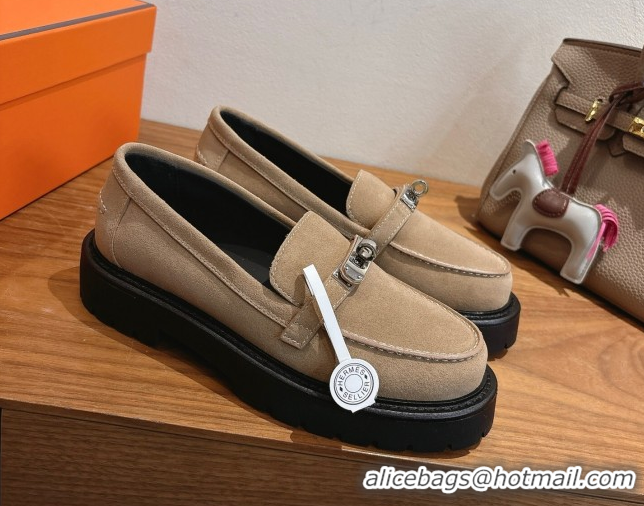 Luxury Discount Hermes Icone Platform Loafers in Suede with Kelly Buckle Brown 1023001