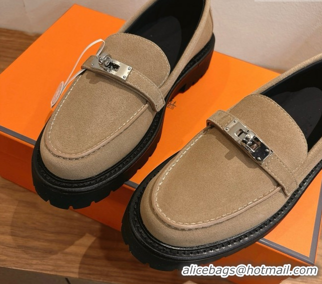 Luxury Discount Hermes Icone Platform Loafers in Suede with Kelly Buckle Brown 1023001