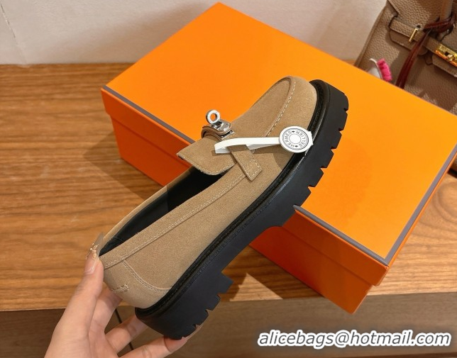 Luxury Discount Hermes Icone Platform Loafers in Suede with Kelly Buckle Brown 1023001