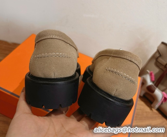 Luxury Discount Hermes Icone Platform Loafers in Suede with Kelly Buckle Brown 1023001