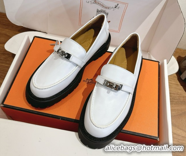 Top Design Hermes Icone Platform Loafers in Calfskin Leather with Kelly Buckle White 1023002