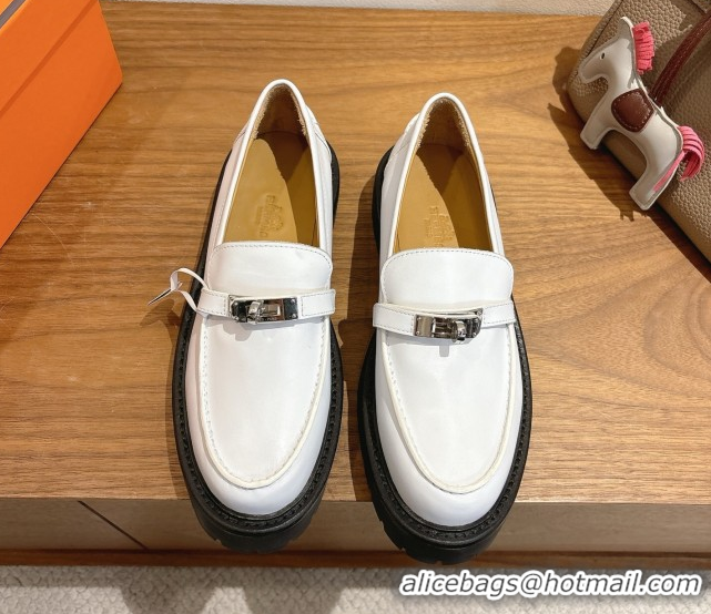 Top Design Hermes Icone Platform Loafers in Calfskin Leather with Kelly Buckle White 1023002