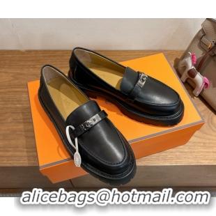 Top Grade Hermes Icone Platform Loafers in Calfskin Leather with Kelly Buckle Black 1023003