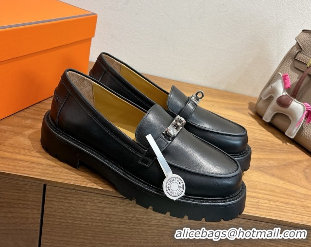 Top Grade Hermes Icone Platform Loafers in Calfskin Leather with Kelly Buckle Black 1023003