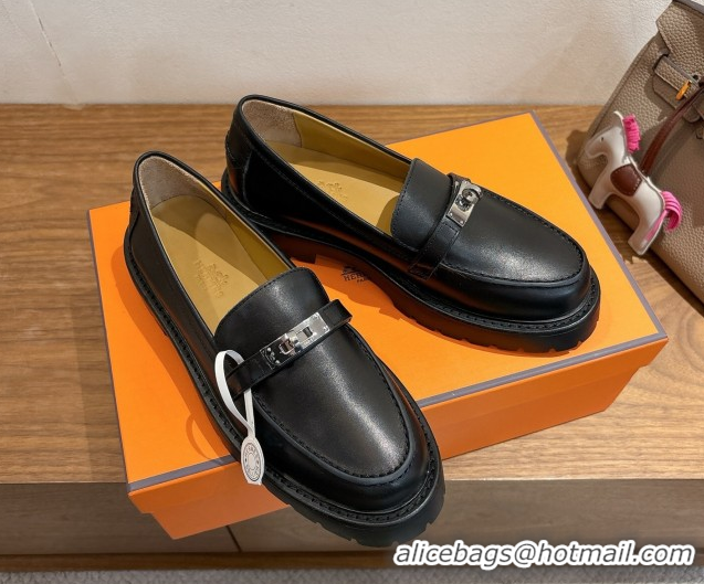 Top Grade Hermes Icone Platform Loafers in Calfskin Leather with Kelly Buckle Black 1023003