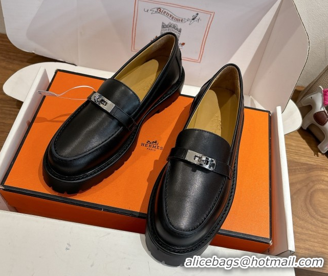 Top Grade Hermes Icone Platform Loafers in Calfskin Leather with Kelly Buckle Black 1023003