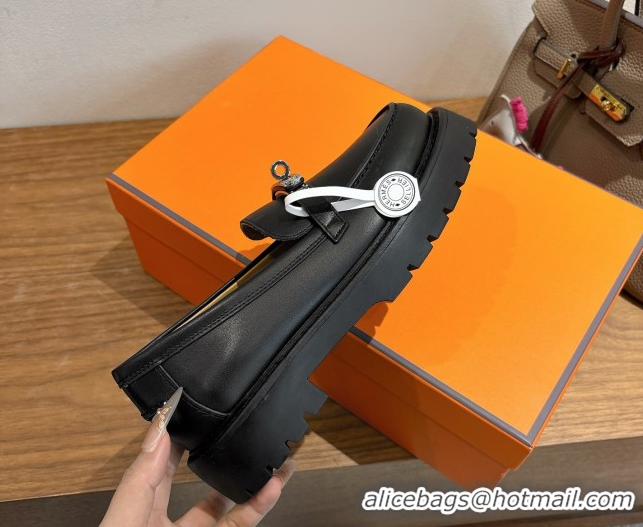 Top Grade Hermes Icone Platform Loafers in Calfskin Leather with Kelly Buckle Black 1023003