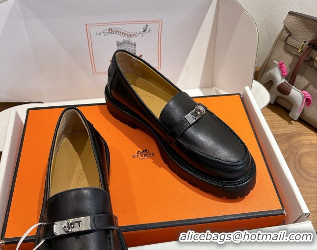 Top Grade Hermes Icone Platform Loafers in Calfskin Leather with Kelly Buckle Black 1023003