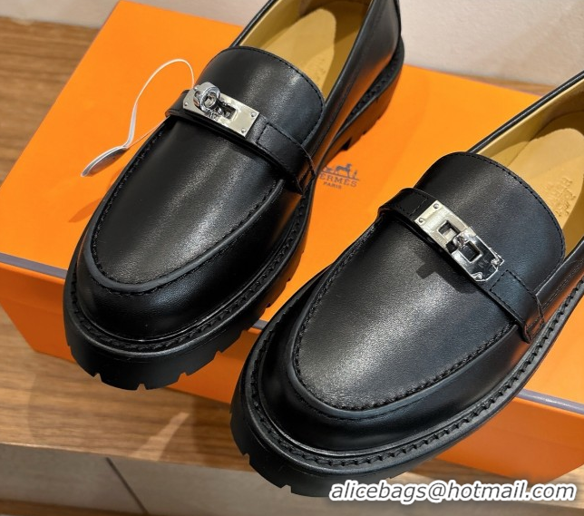 Top Grade Hermes Icone Platform Loafers in Calfskin Leather with Kelly Buckle Black 1023003