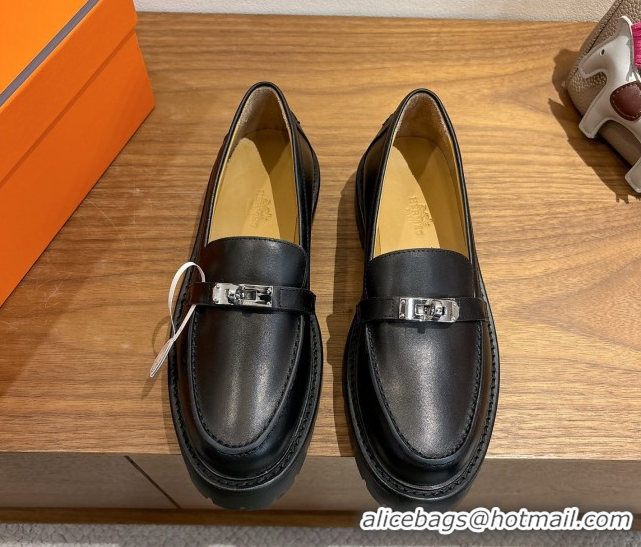 Top Grade Hermes Icone Platform Loafers in Calfskin Leather with Kelly Buckle Black 1023003