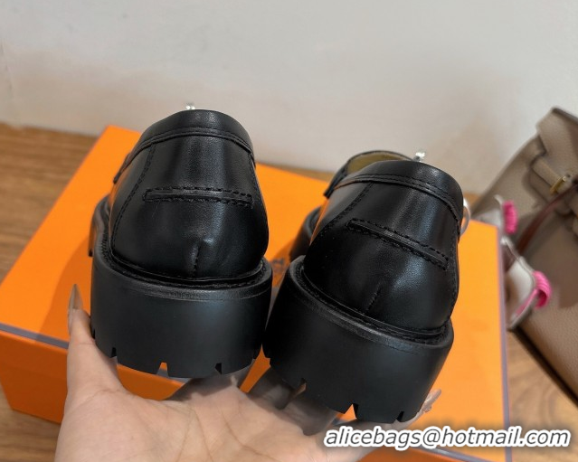 Top Grade Hermes Icone Platform Loafers in Calfskin Leather with Kelly Buckle Black 1023003