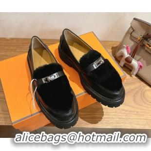Trendy Design Hermes Icone Platform Loafers in Calfskin and Shearling with Kelly Buckle Black 1023004