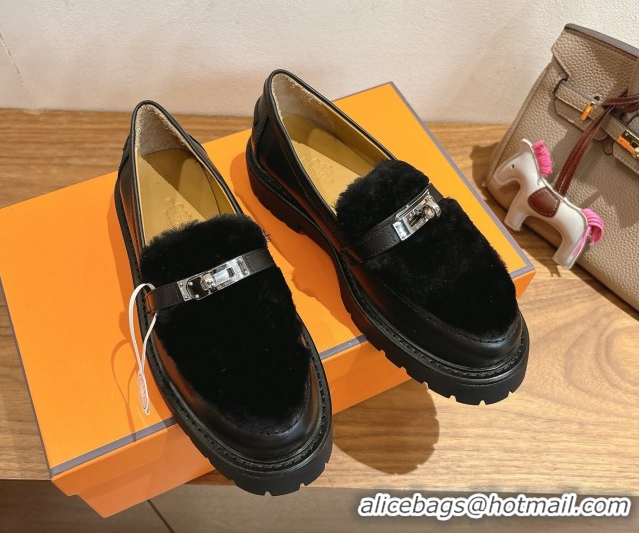 Trendy Design Hermes Icone Platform Loafers in Calfskin and Shearling with Kelly Buckle Black 1023004