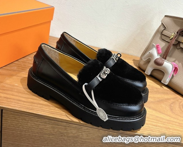 Trendy Design Hermes Icone Platform Loafers in Calfskin and Shearling with Kelly Buckle Black 1023004