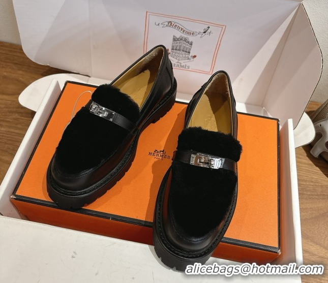 Trendy Design Hermes Icone Platform Loafers in Calfskin and Shearling with Kelly Buckle Black 1023004