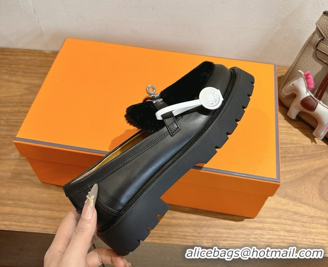 Trendy Design Hermes Icone Platform Loafers in Calfskin and Shearling with Kelly Buckle Black 1023004