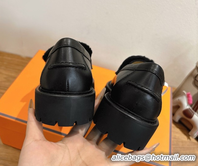 Trendy Design Hermes Icone Platform Loafers in Calfskin and Shearling with Kelly Buckle Black 1023004