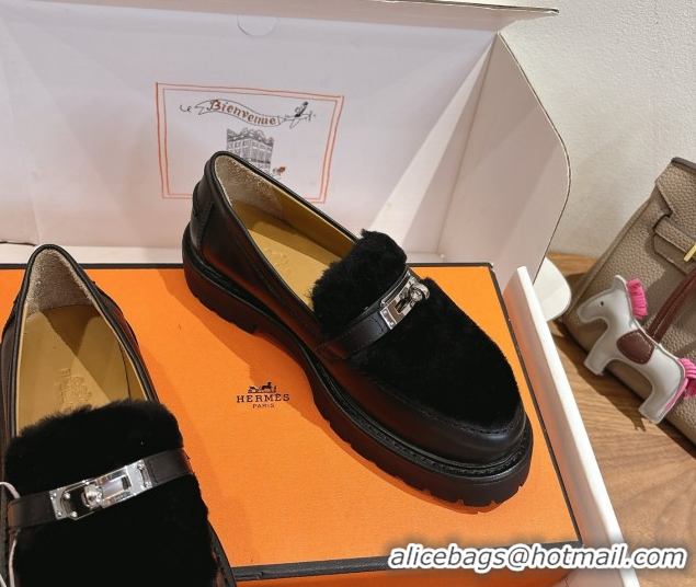 Trendy Design Hermes Icone Platform Loafers in Calfskin and Shearling with Kelly Buckle Black 1023004