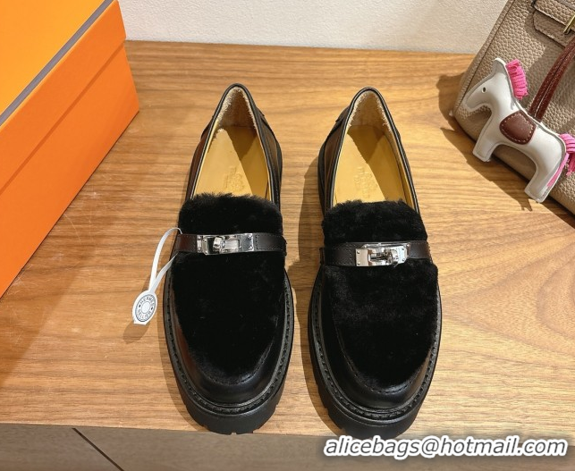Trendy Design Hermes Icone Platform Loafers in Calfskin and Shearling with Kelly Buckle Black 1023004