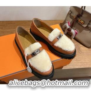 Purchase Hermes Icone Platform Loafers in Calfskin and Shearling with Kelly Buckle Brown 1023005