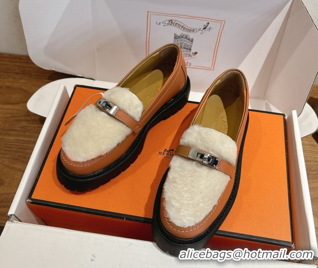 Purchase Hermes Icone Platform Loafers in Calfskin and Shearling with Kelly Buckle Brown 1023005