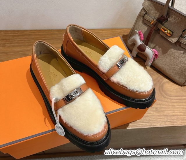 Purchase Hermes Icone Platform Loafers in Calfskin and Shearling with Kelly Buckle Brown 1023005