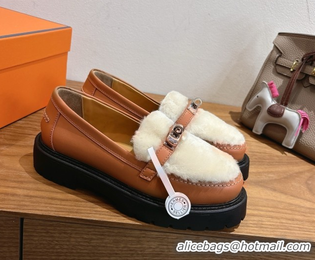 Purchase Hermes Icone Platform Loafers in Calfskin and Shearling with Kelly Buckle Brown 1023005