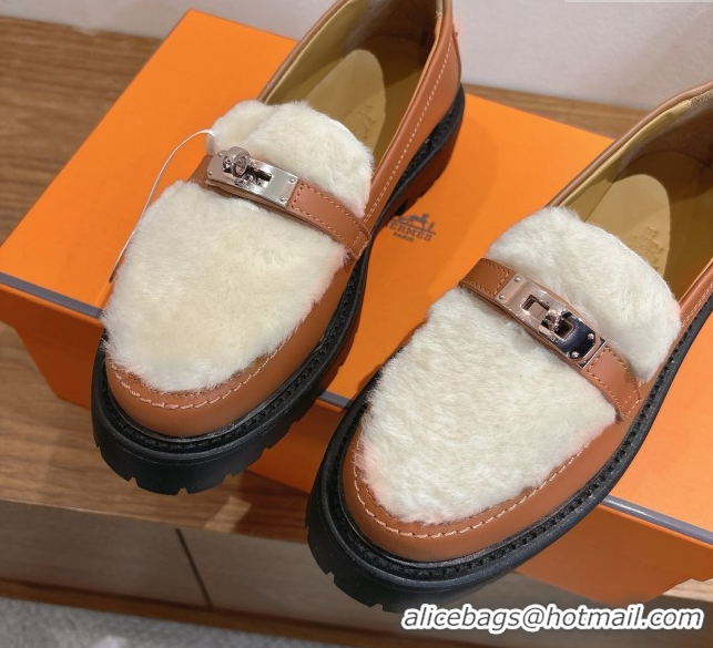 Purchase Hermes Icone Platform Loafers in Calfskin and Shearling with Kelly Buckle Brown 1023005