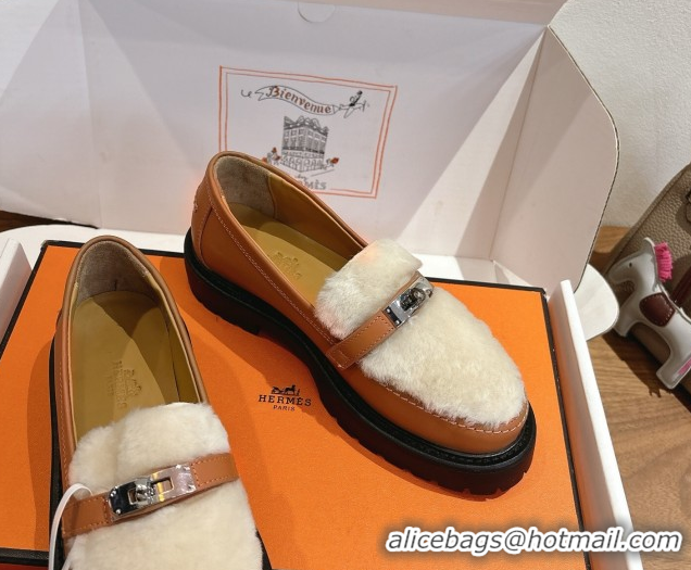 Purchase Hermes Icone Platform Loafers in Calfskin and Shearling with Kelly Buckle Brown 1023005