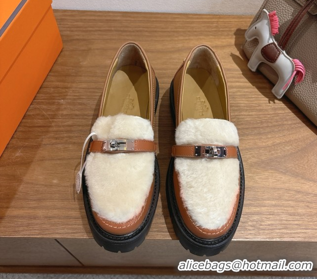 Purchase Hermes Icone Platform Loafers in Calfskin and Shearling with Kelly Buckle Brown 1023005