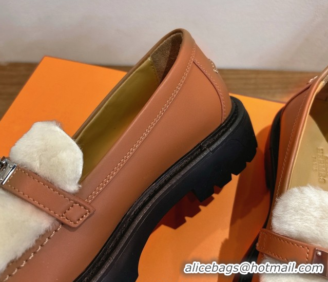 Purchase Hermes Icone Platform Loafers in Calfskin and Shearling with Kelly Buckle Brown 1023005