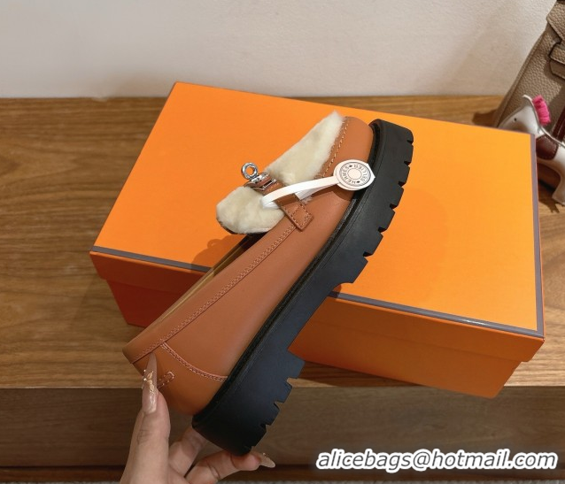 Purchase Hermes Icone Platform Loafers in Calfskin and Shearling with Kelly Buckle Brown 1023005
