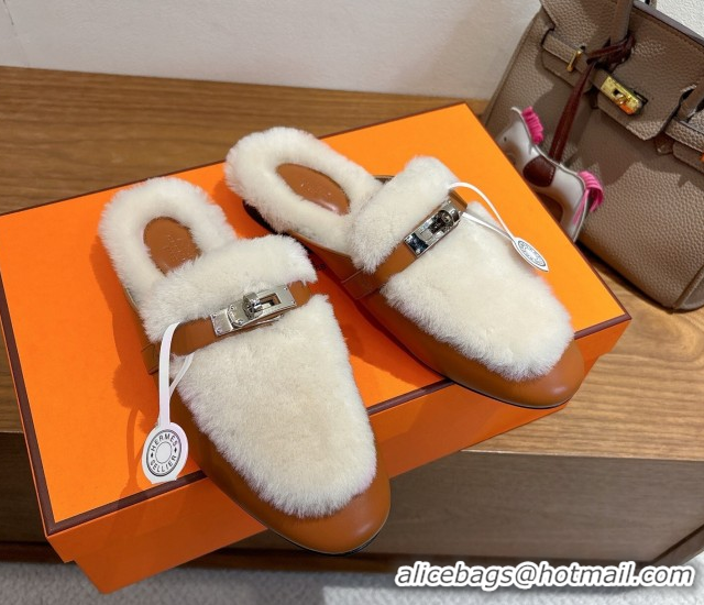 Luxurious Hermes Oz Flat Loafers in Calfskin and Wool with Kelly Buckle Brown 1023006