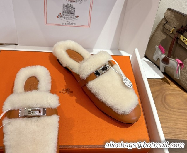 Luxurious Hermes Oz Flat Loafers in Calfskin and Wool with Kelly Buckle Brown 1023006