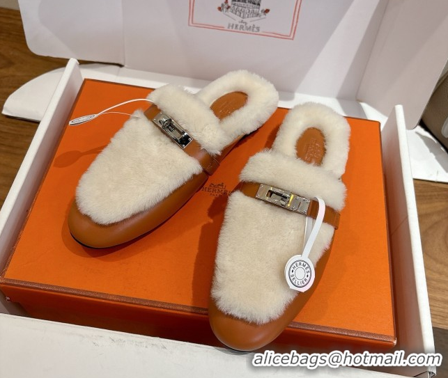 Luxurious Hermes Oz Flat Loafers in Calfskin and Wool with Kelly Buckle Brown 1023006