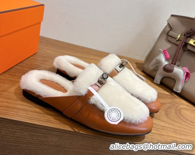 Luxurious Hermes Oz Flat Loafers in Calfskin and Wool with Kelly Buckle Brown 1023006