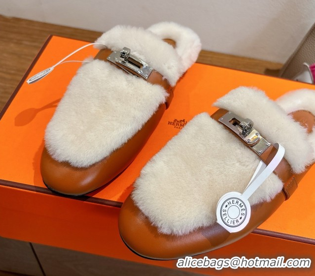 Luxurious Hermes Oz Flat Loafers in Calfskin and Wool with Kelly Buckle Brown 1023006