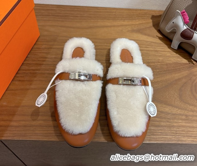 Luxurious Hermes Oz Flat Loafers in Calfskin and Wool with Kelly Buckle Brown 1023006