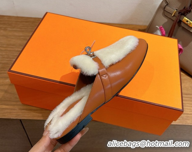 Luxurious Hermes Oz Flat Loafers in Calfskin and Wool with Kelly Buckle Brown 1023006