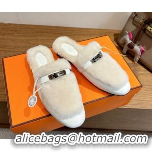 Good Quality Hermes Oz Flat Loafers in Calfskin and Wool with Kelly Buckle White 1023007