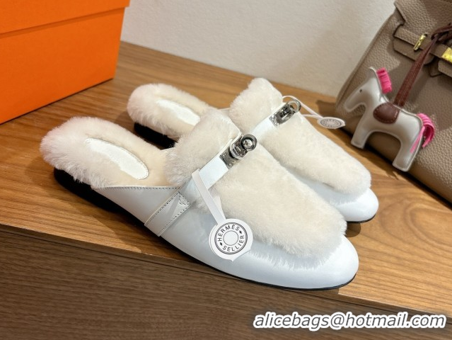 Good Quality Hermes Oz Flat Loafers in Calfskin and Wool with Kelly Buckle White 1023007