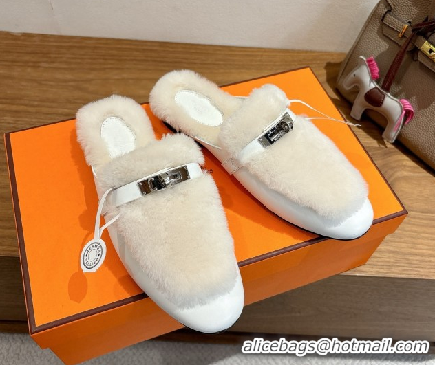 Good Quality Hermes Oz Flat Loafers in Calfskin and Wool with Kelly Buckle White 1023007