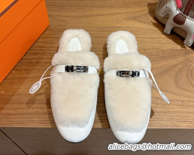 Good Quality Hermes Oz Flat Loafers in Calfskin and Wool with Kelly Buckle White 1023007