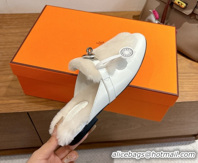 Good Quality Hermes Oz Flat Loafers in Calfskin and Wool with Kelly Buckle White 1023007