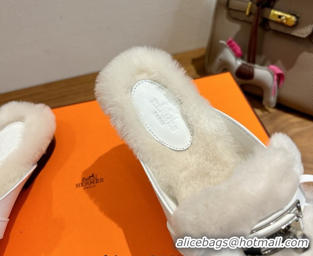 Good Quality Hermes Oz Flat Loafers in Calfskin and Wool with Kelly Buckle White 1023007